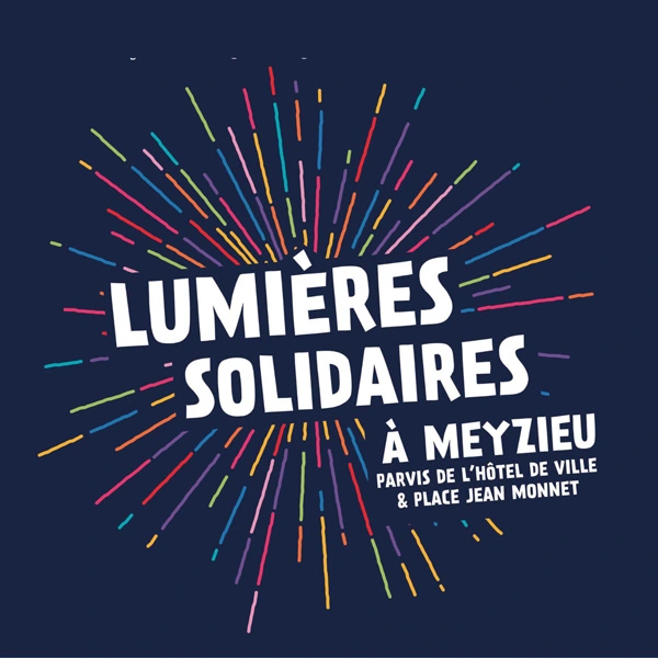 Illustration de feux d'artifice avec comme titre central : Lumières solidaires à Meyzieu